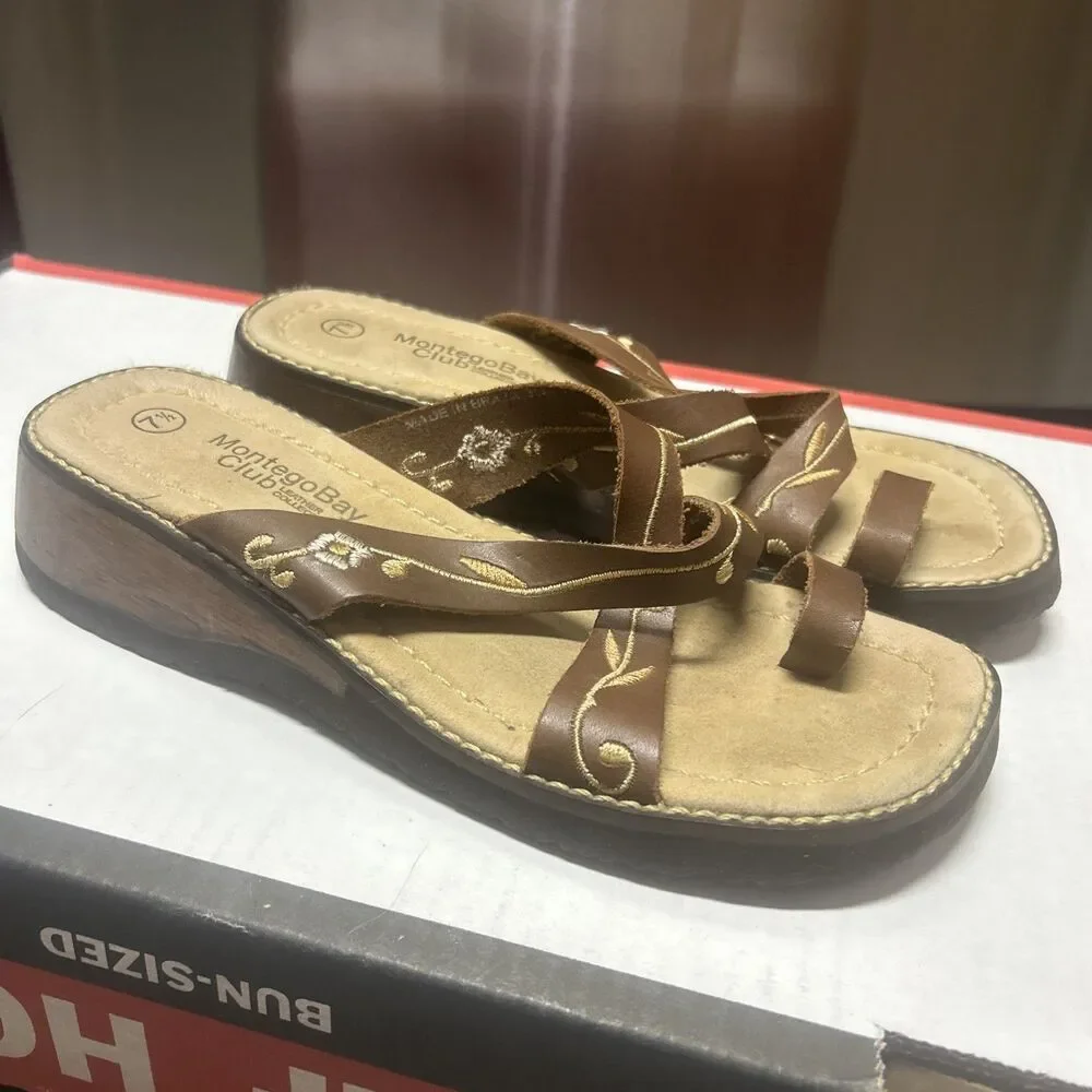 Y2K Montego Bay Club Leather Collection Brown Wedge Sandals- 7.5 Boho Coastal